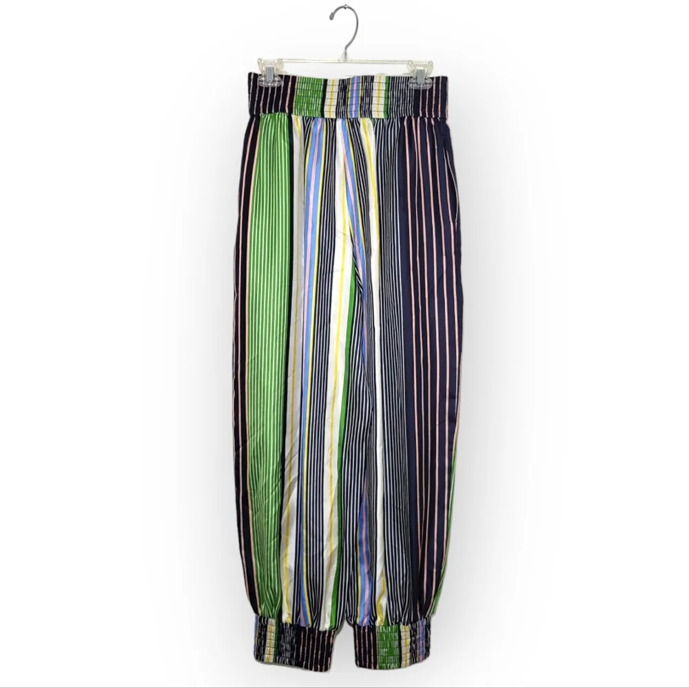 TORY BURCH Silk Pajama Pant Jogger in Field Day Stripes Blue Green Size 4